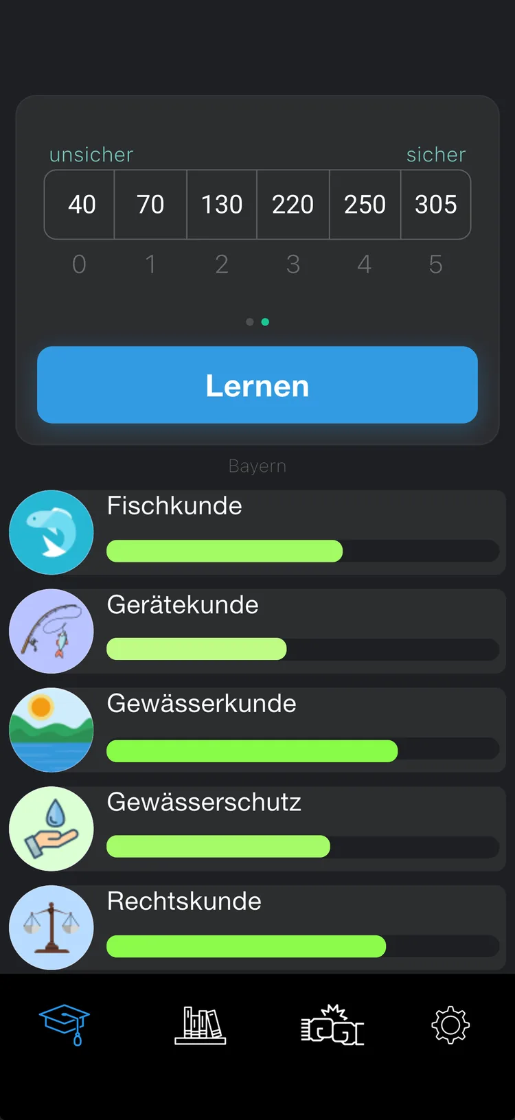 Karteikasten in der App: sechs Fächer (0 bis 5) von unsicher bis sicher und der Lernfortschritt in den fünf Sachgebieten
