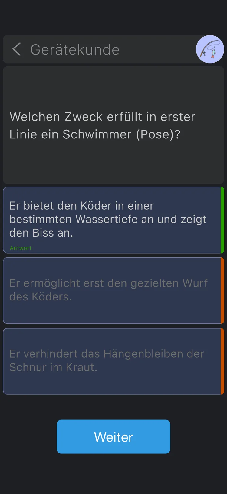 Frage zur Gerätekunde mit drei Antworten, die richtige ist grün markiert